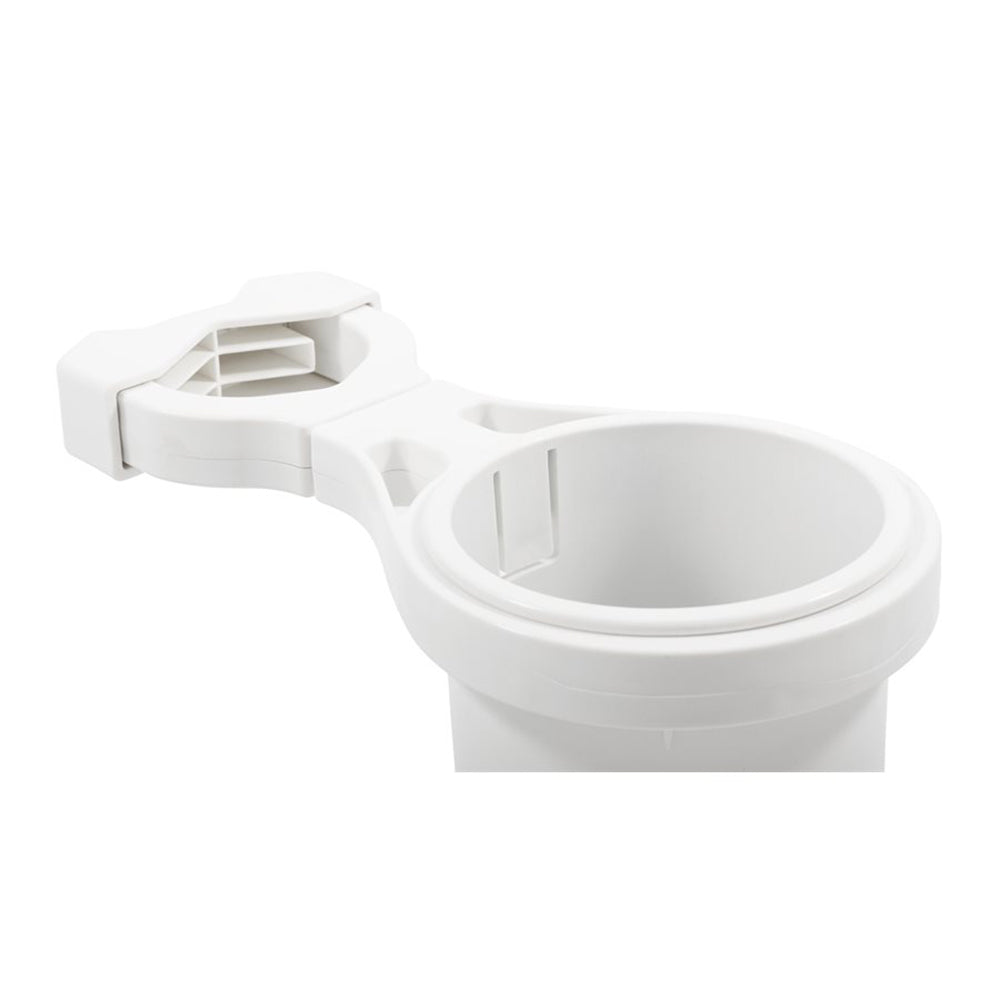Camco ClampOn Rail Mounted Cup Holder Small for Up to 114 Rail White 53086